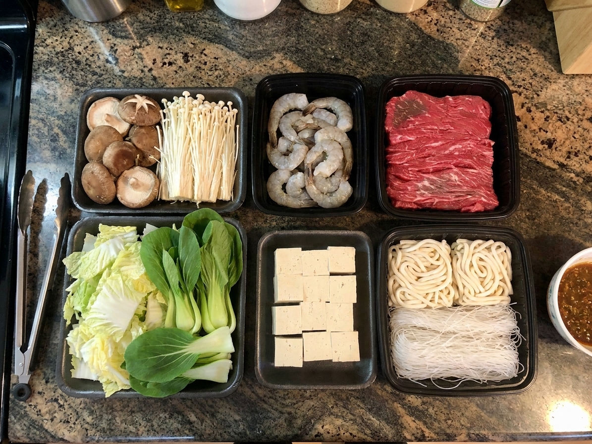 A kitchen counter with trays of hot pot ingredients laid out, including sliced beef, shrimp, mushrooms, napa cabbage, bok choy, tofu, and bundles of noodles, ready for cooking