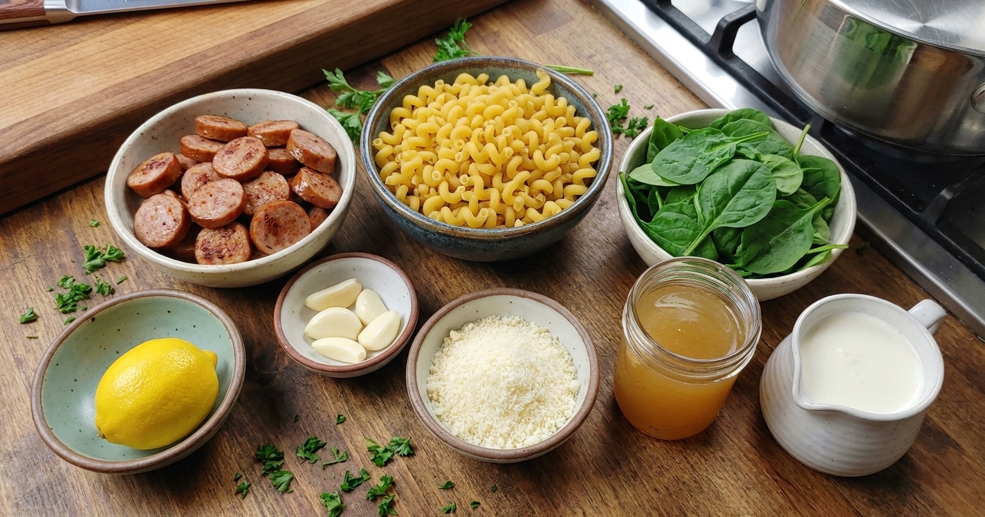 A kitchen counter with turkey sausage, pasta, baby spinach, garlic, lemon, Parmesan, chicken broth, and cream arranged in small bowls, ready to cook