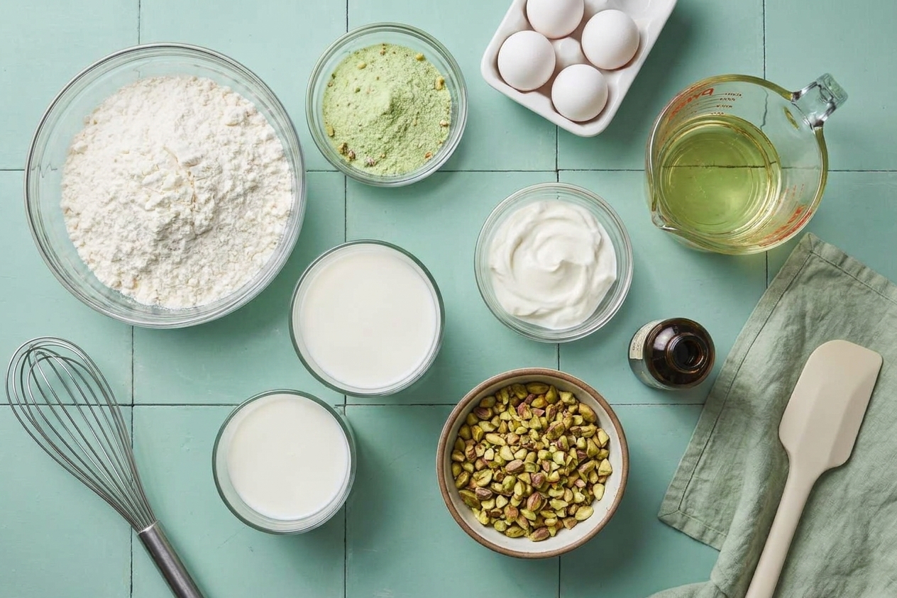 A kitchen counter with white cake mix, pistachio pudding mix, eggs, oil, sour cream, milk, vanilla, and chopped pistachios arranged for baking