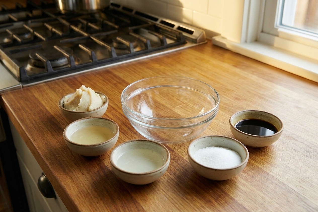 A kitchen counter with white miso paste, mirin, sake, sugar, and soy sauce measured beside a glass mixing bowl under soft natural light