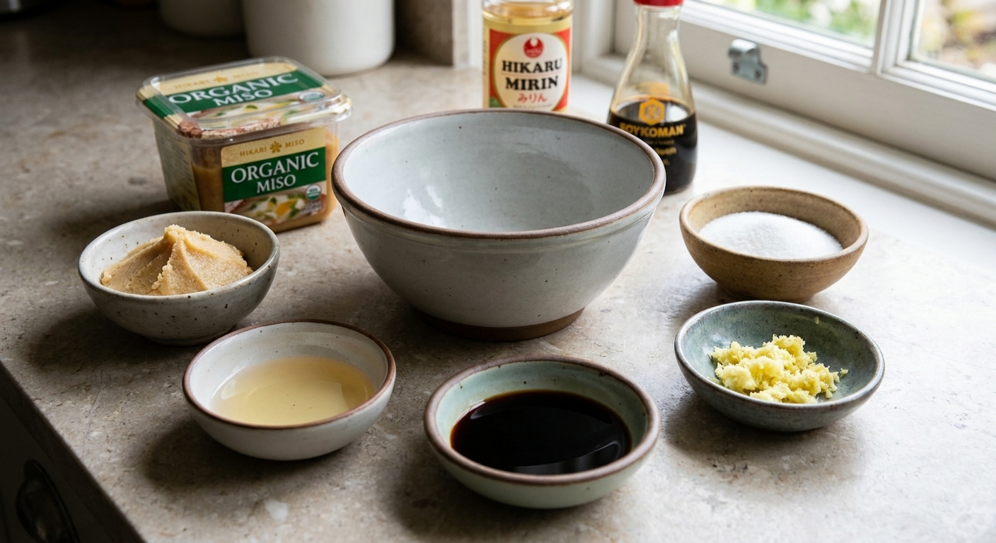 A kitchen counter with white miso paste, mirin, soy sauce, sugar, and grated ginger measured into small bowls beside a mixing bowl
