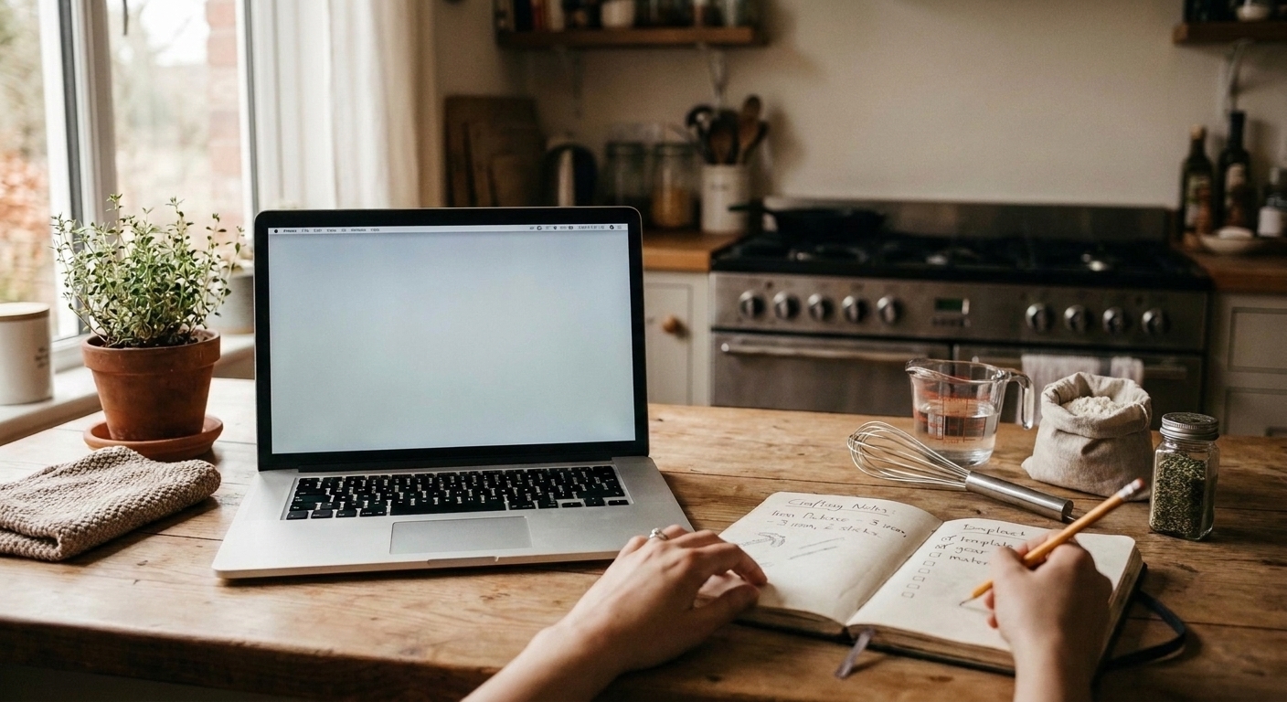 A kitchen notebook with a simple checklist beside a laptop, matching the left to right workflow: template, gear, material