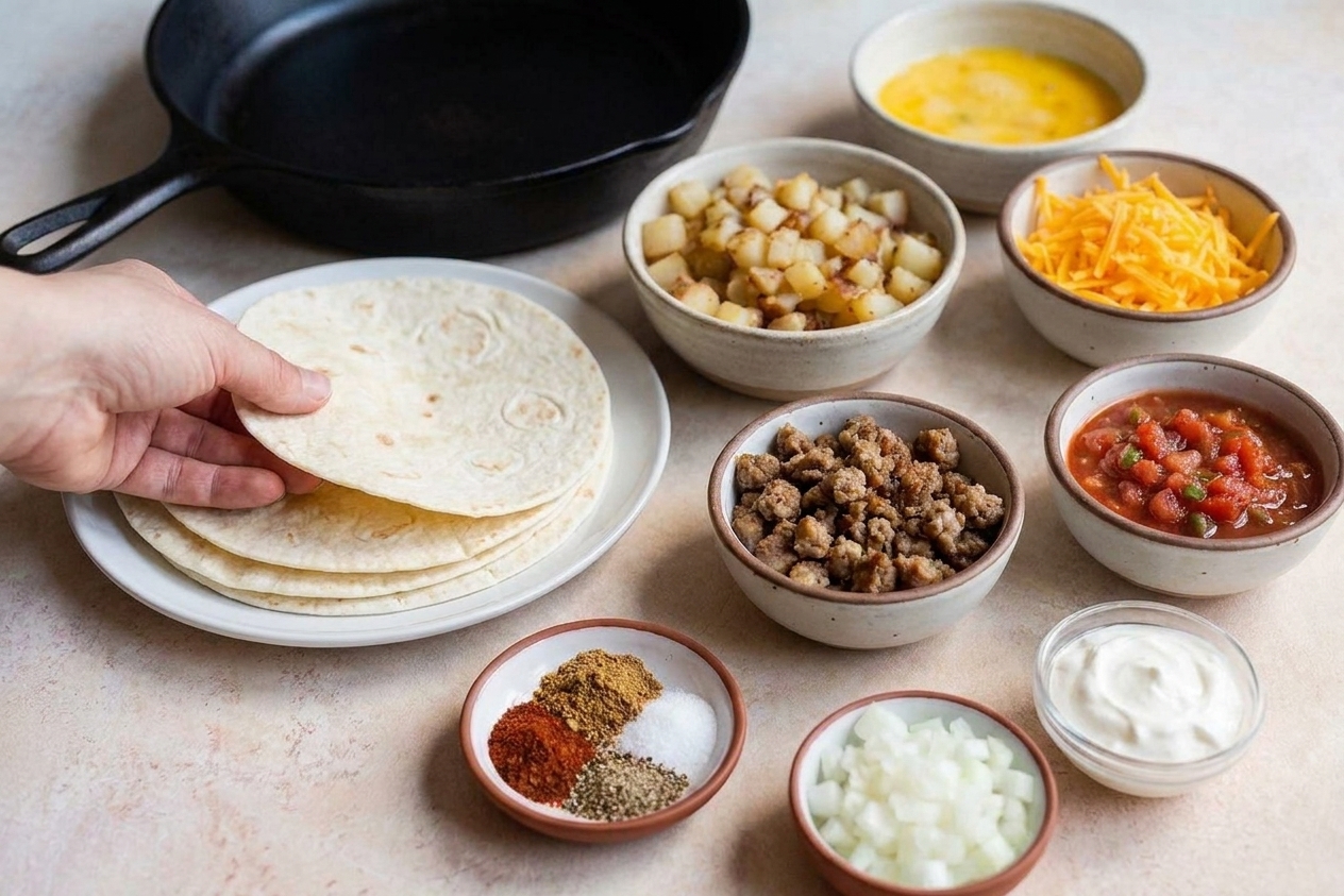 A kitchen setup for meal prep with tortillas, eggs, shredded cheese, cooked breakfast sausage, diced onions, potatoes, salsa, sour cream, and spices arranged and ready to assemble