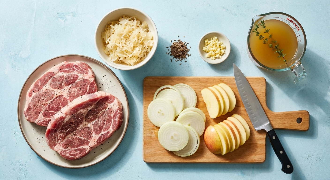 A kitchen setup with sauerkraut, pork shoulder steaks, an onion, an apple, garlic, caraway seeds, and broth measured and ready to cook