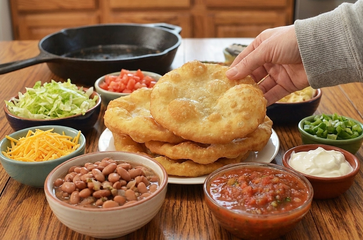A kitchen table set with bowls of taco toppings including lettuce, tomatoes, shredded cheese, beans, salsa, and sour cream next to a stack of warm fry bread