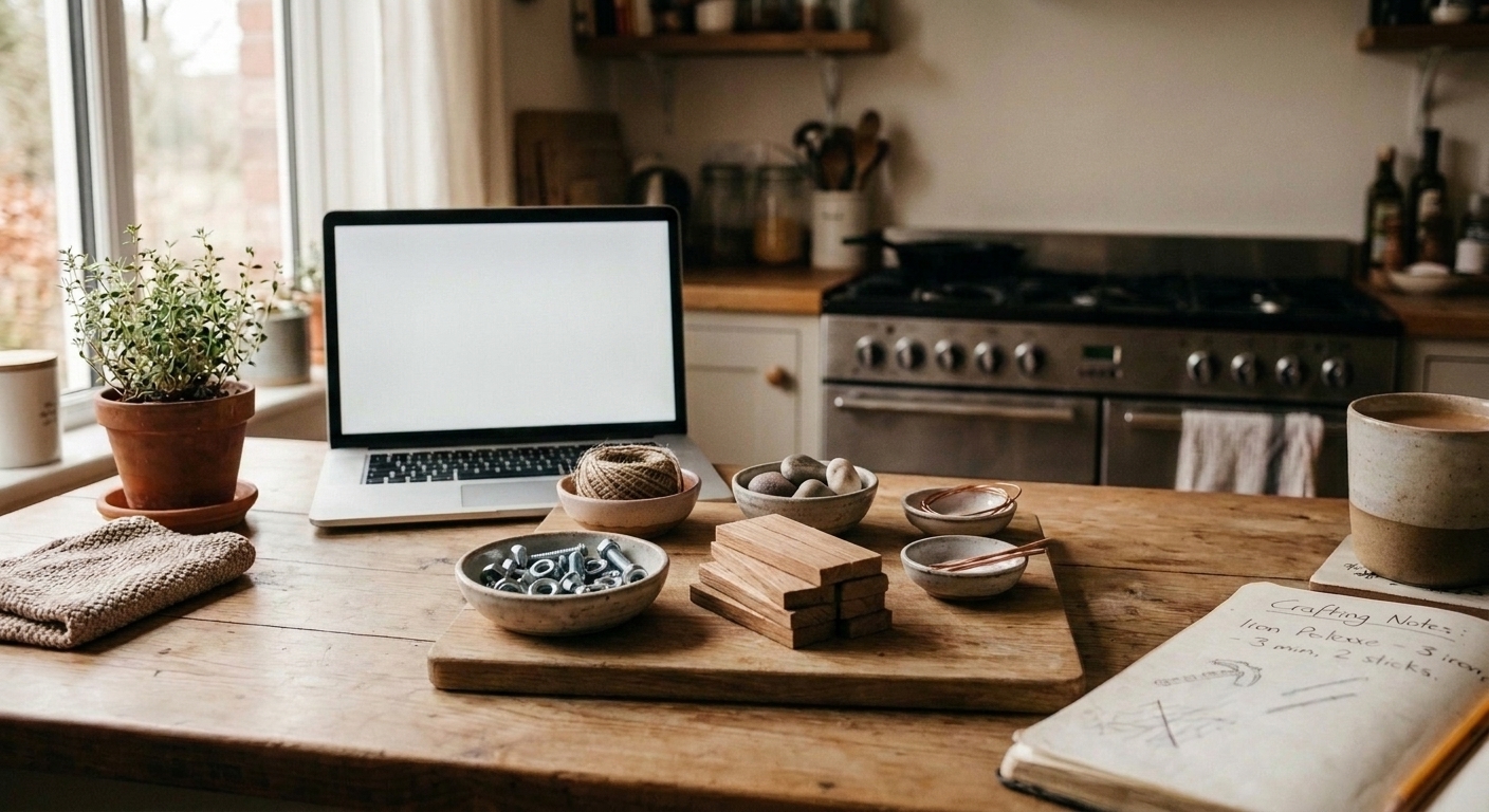 A kitchen table with small items neatly arranged like ingredients, echoing the idea of gathering iron and planks before crafting