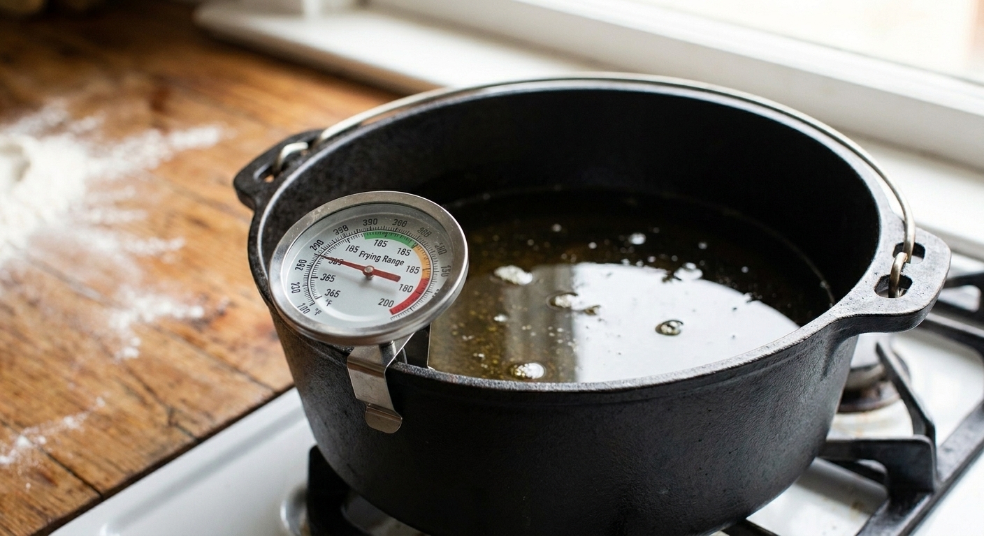 A kitchen thermometer clipped to a deep pot of hot oil on a stovetop, showing the temperature in the frying range.