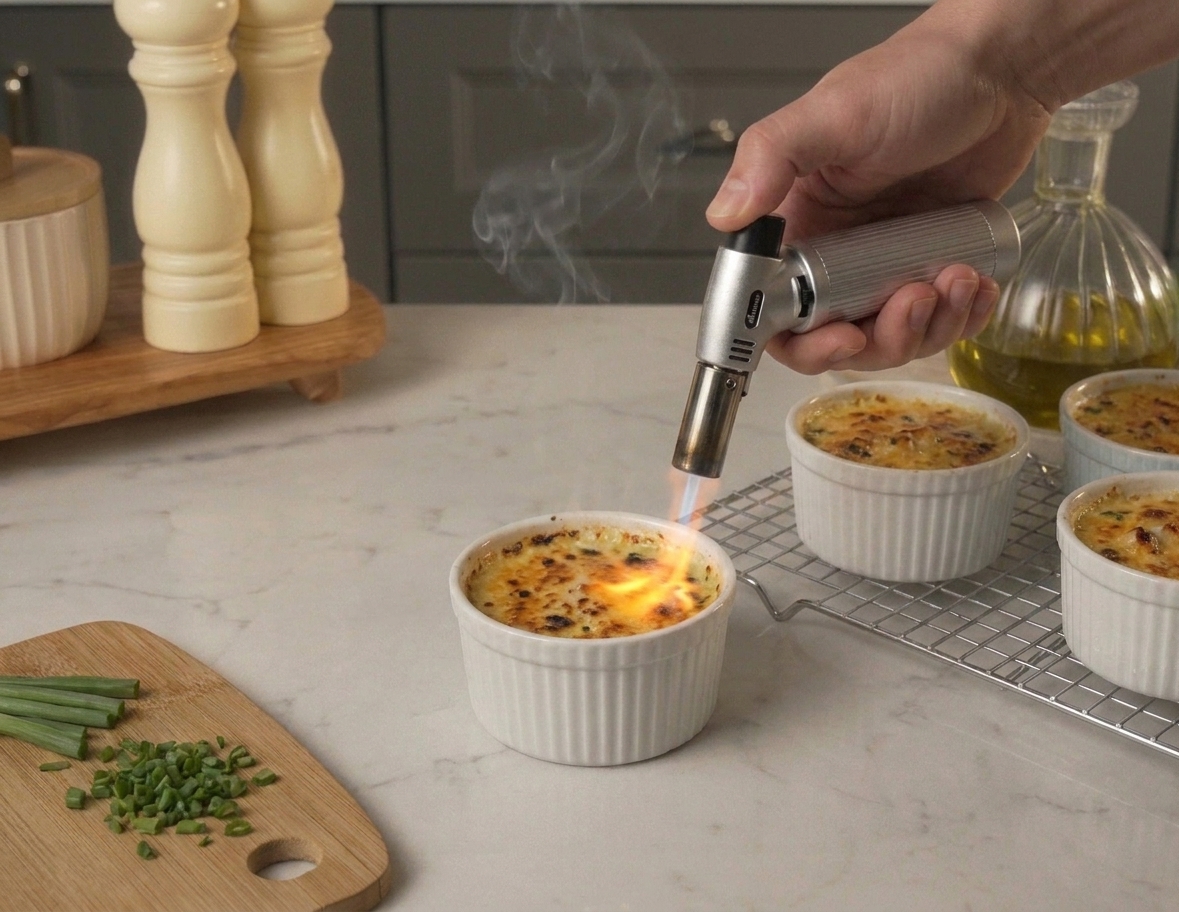 A kitchen torch browning a Parmesan topping on a crab brûlée in a white ramekin on a kitchen counter