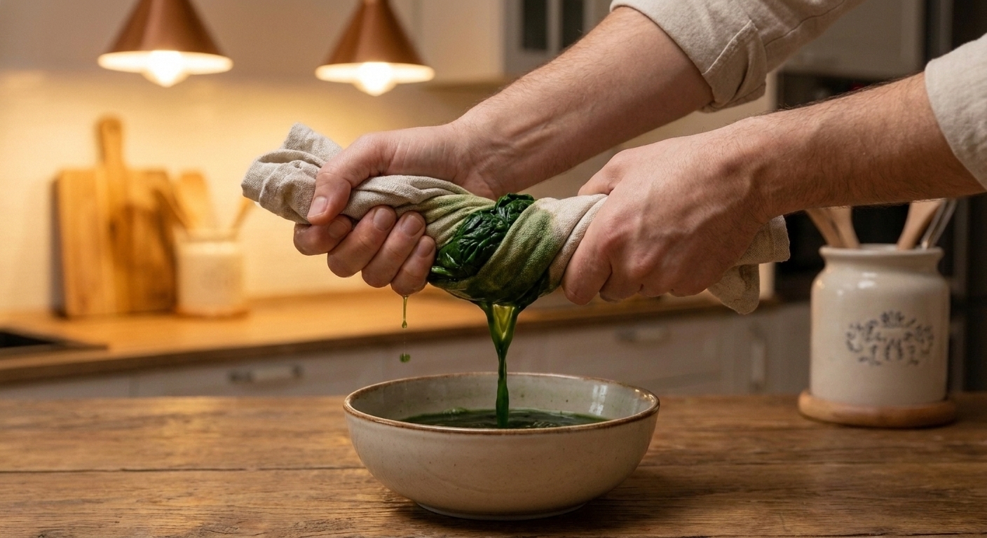 A kitchen towel twisted over a bowl as thawed spinach is squeezed very dry on a bright countertop