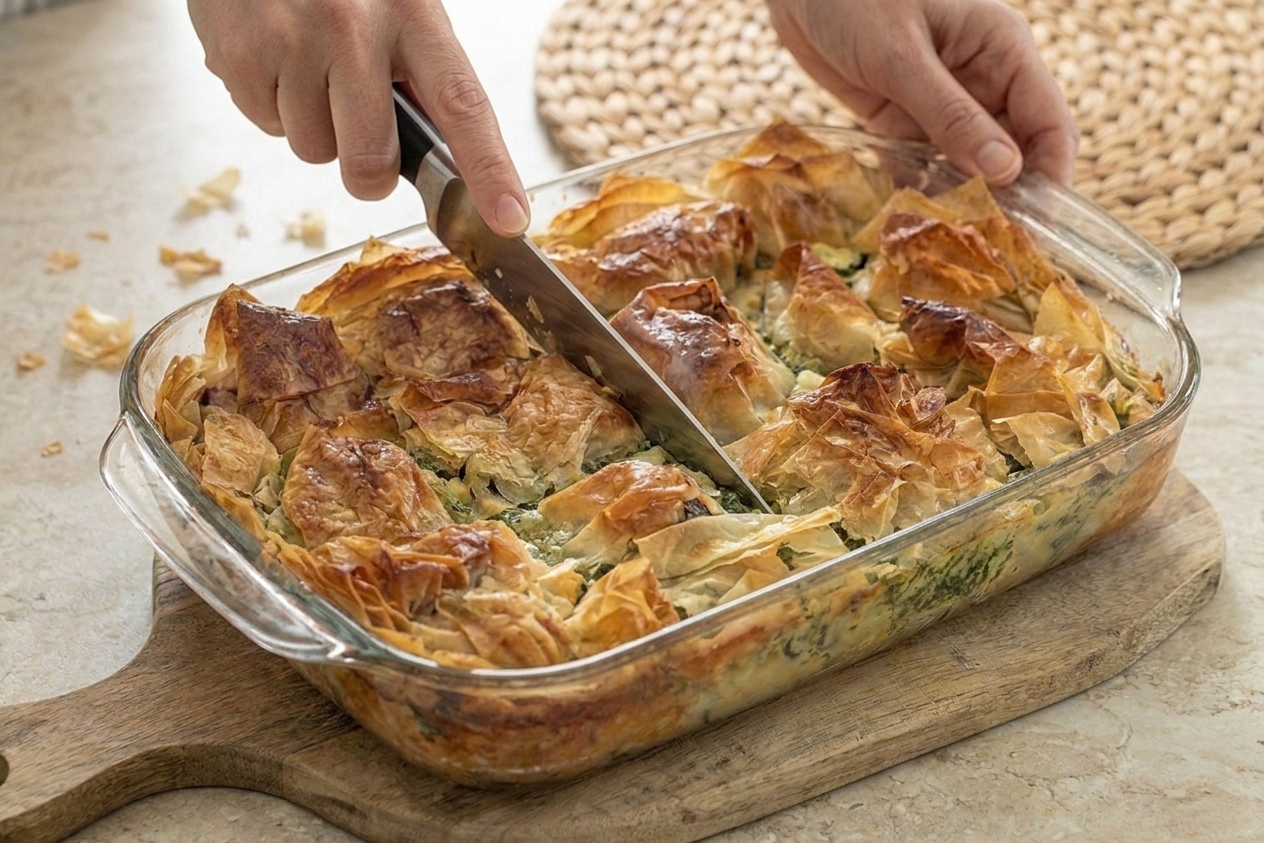 A knife cutting through the crisp top of a baked spinach and feta filo pie into square portions in the baking dish