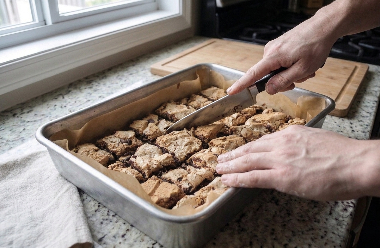 A knife slicing chocolate chip cookie bars into squares in a baking pan, with golden edges and melted chocolate visible
