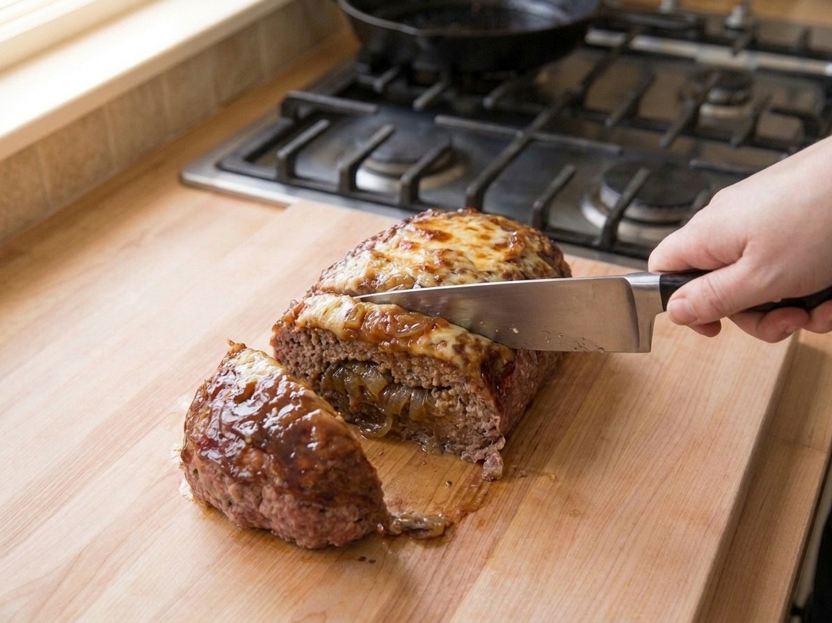 A knife slicing rested French onion meatloaf on a cutting board with melted cheese on top and onion glaze glistening