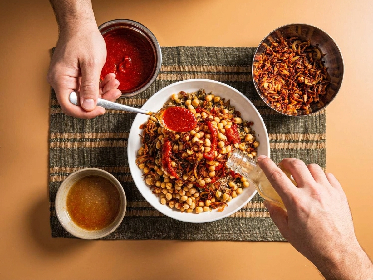 A koshari bowl being finished with red tomato sauce and a drizzle of garlic vinegar, with crispy onions piled on top on a warm-toned kitchen table