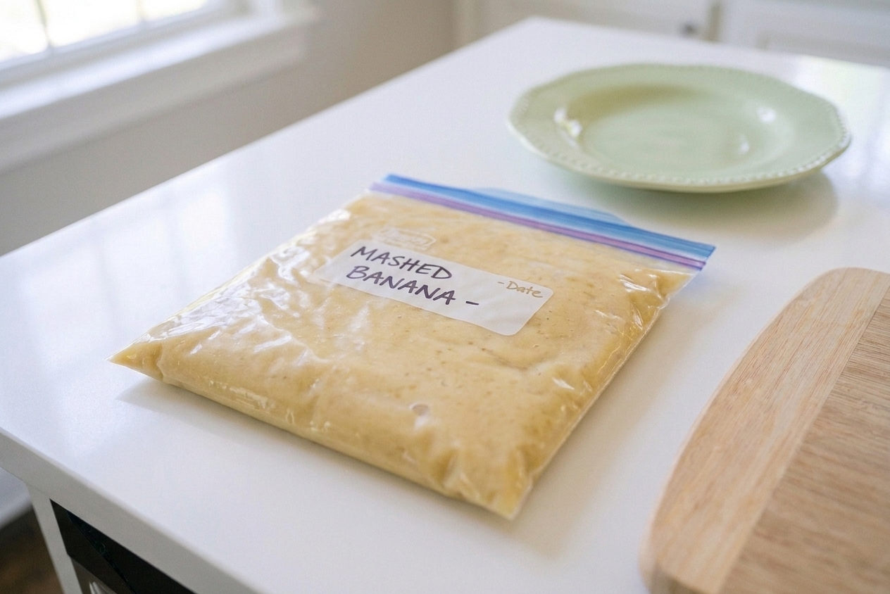 A labeled freezer bag lying flat on a counter, filled with mashed banana and sealed, ready to freeze