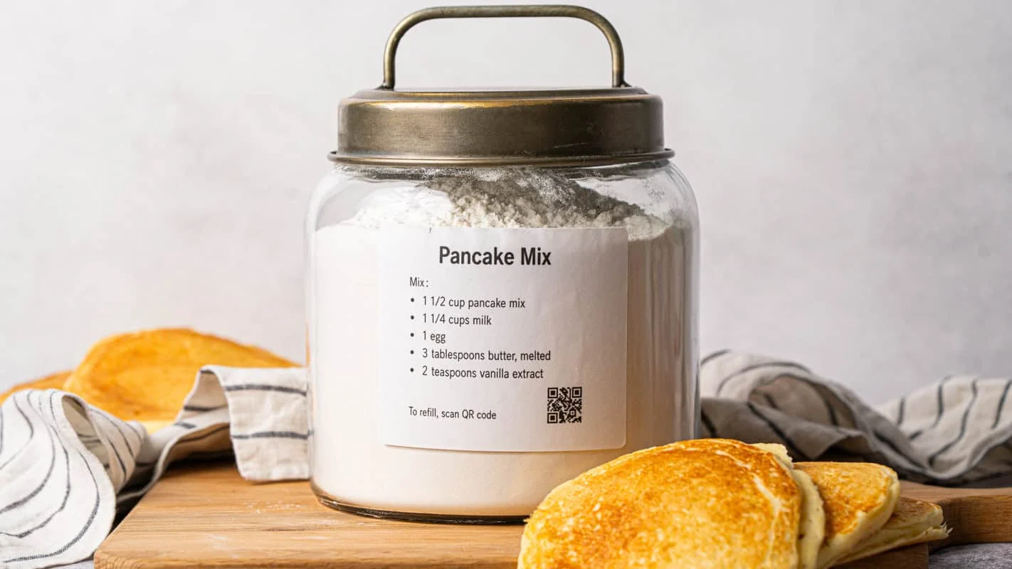 A labeled glass jar of pancake mix stored on a pantry shelf next to measuring cups
