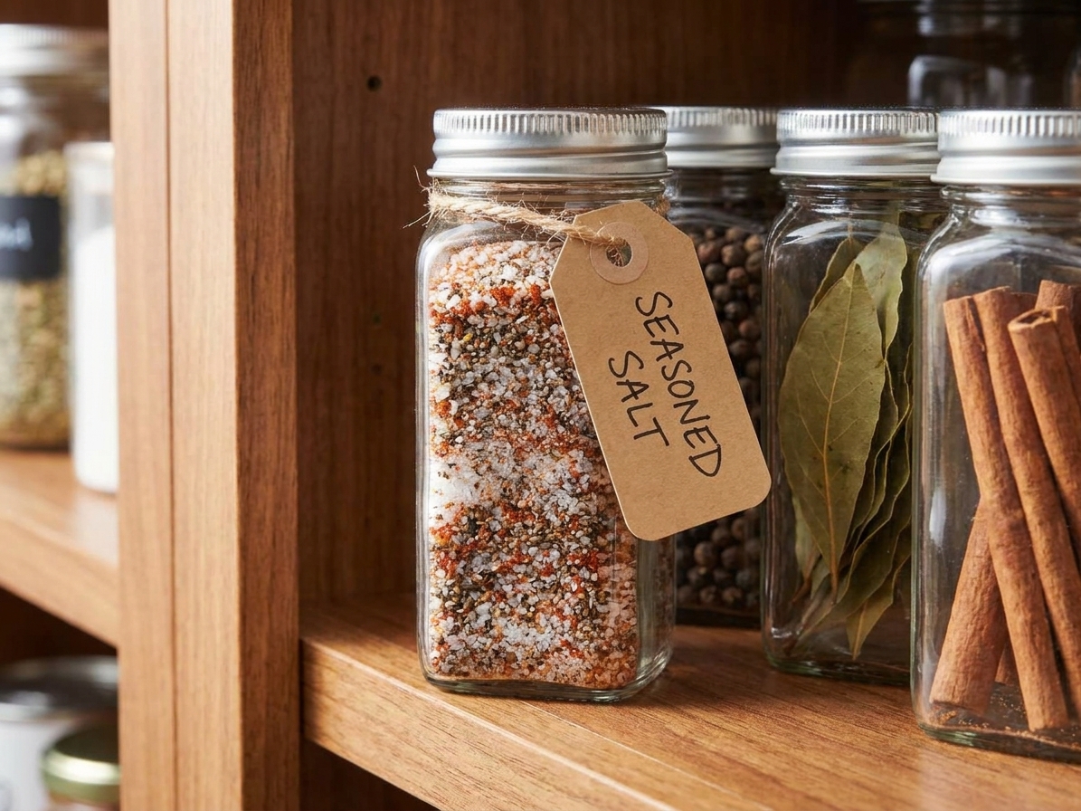 A labeled glass spice jar filled with seasoned salt sitting on a pantry shelf next to other spices
