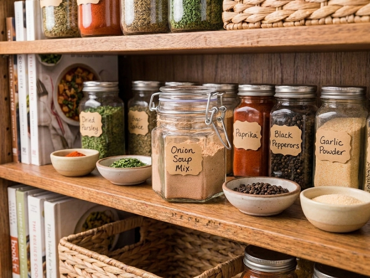 A labeled jar of onion soup mix stored on a pantry shelf next to other seasonings