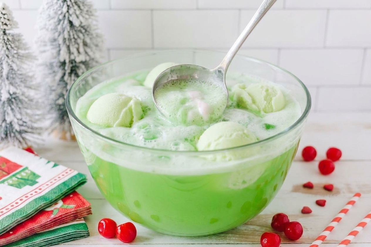A ladle dipping into a punch bowl of bright green Grinch punch with lime sherbet melting on top, bubbles visible on the surface