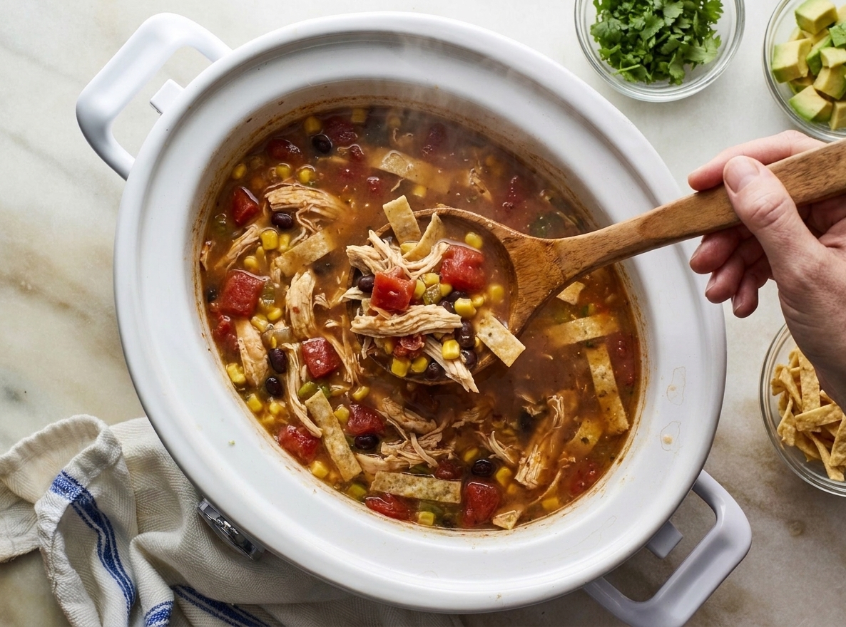 A ladle lifting chicken tortilla soup from a slow cooker, with tomatoes and shredded chicken visible in the broth