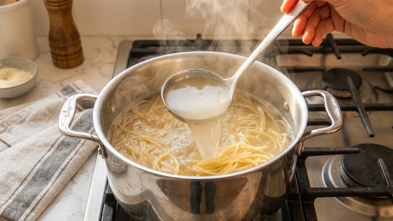 A ladle lifting cloudy starchy pasta water from a pot of boiling spaghetti on a stovetop
