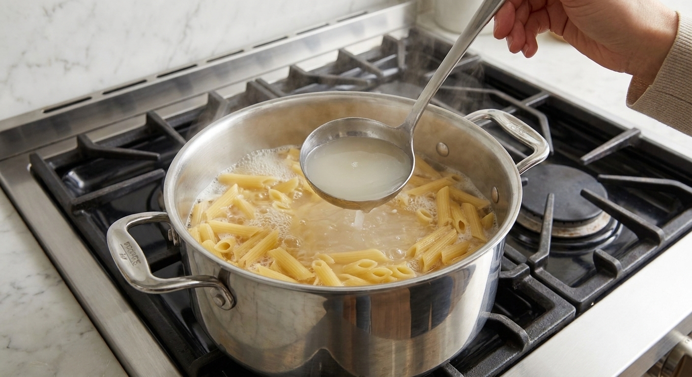 A ladle lifting cloudy starchy pasta water from a stainless steel pot on a home stove while pasta boils