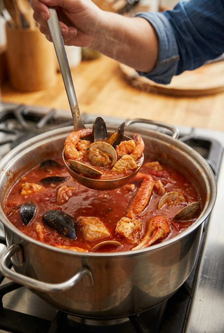 A ladle lifting shrimp and mussels from a pot of cioppino with rich red broth