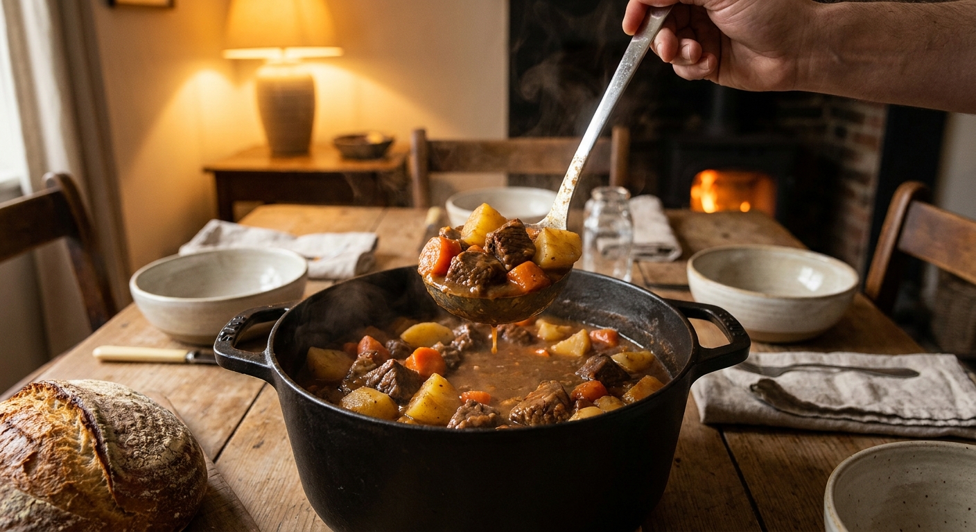 A ladle lifting thick beef stew with chunks of beef, potatoes, and carrots from a pot over a dinner table set with bowls and a loaf of bread, warm indoor lighting