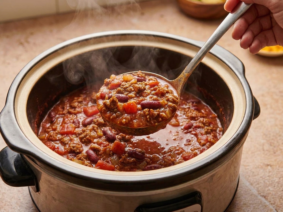A ladle lifting thick chili from a slow cooker, showing ground beef, beans, and a rich tomato base