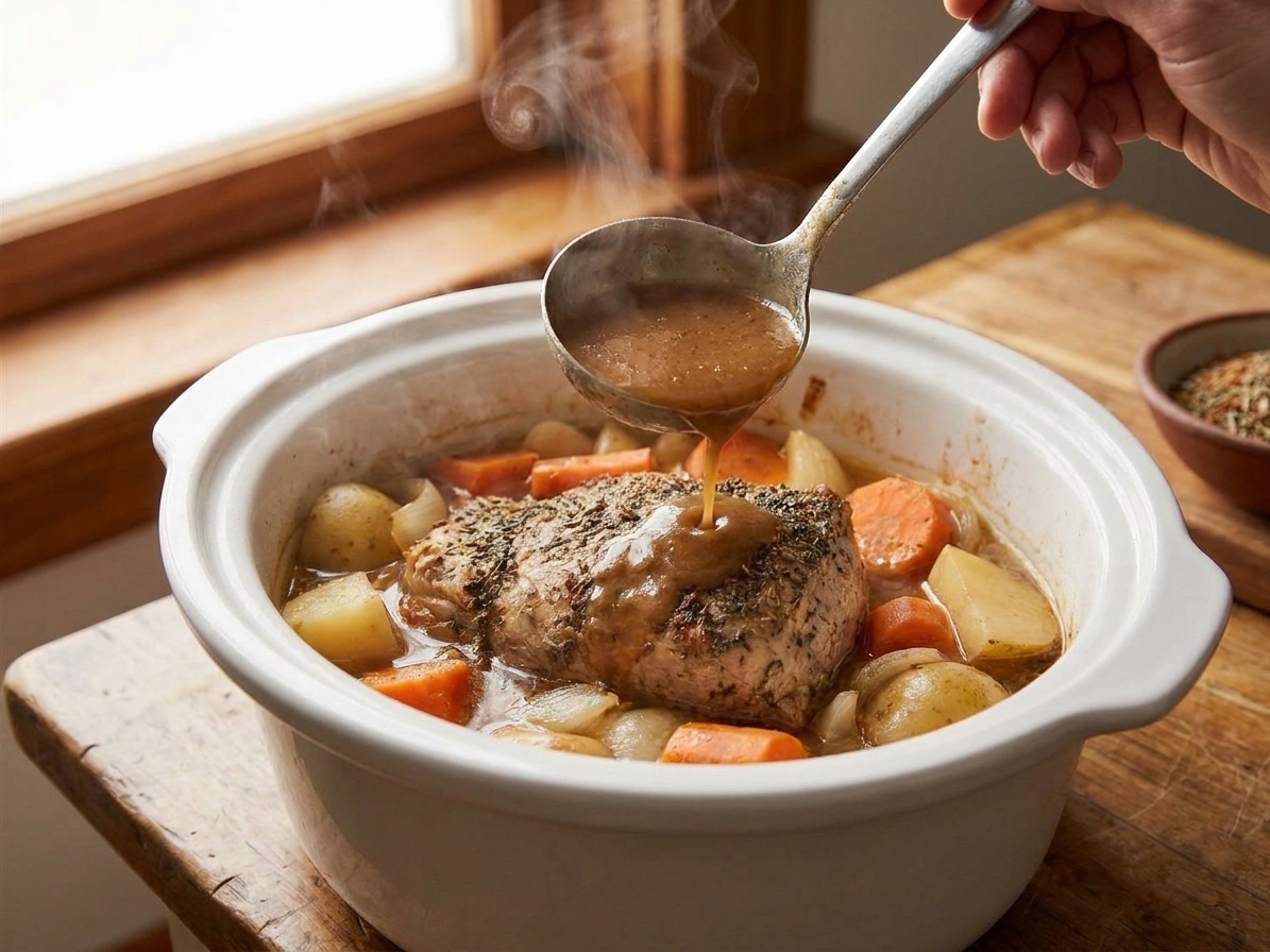 A ladle lifting thick gravy from a slow cooker with pork roast and vegetables inside