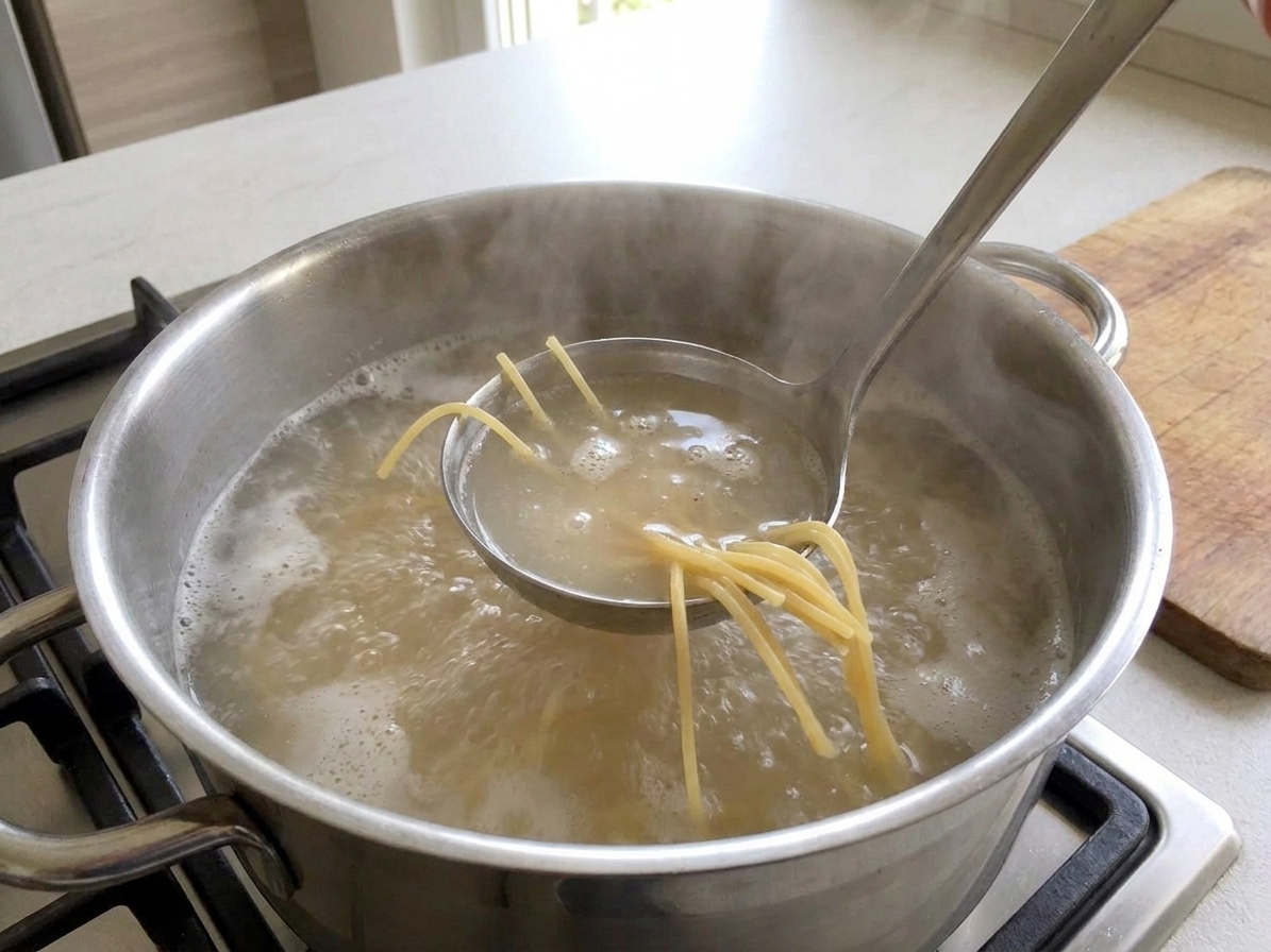 A ladle of starchy pasta water lifted from a pot of boiling spaghetti
