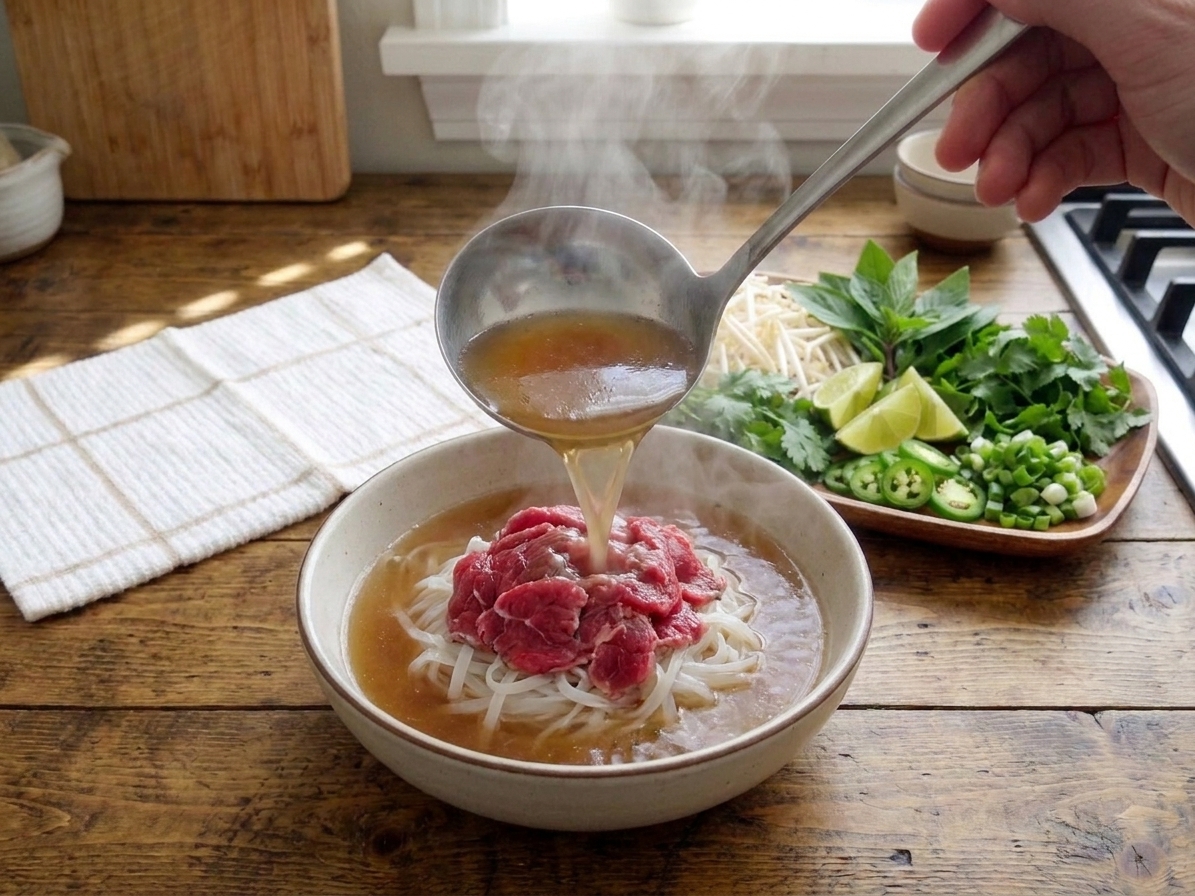 A ladle of steaming broth being poured into a bowl of pho with noodles and thinly sliced beef, with herbs and lime wedges nearby