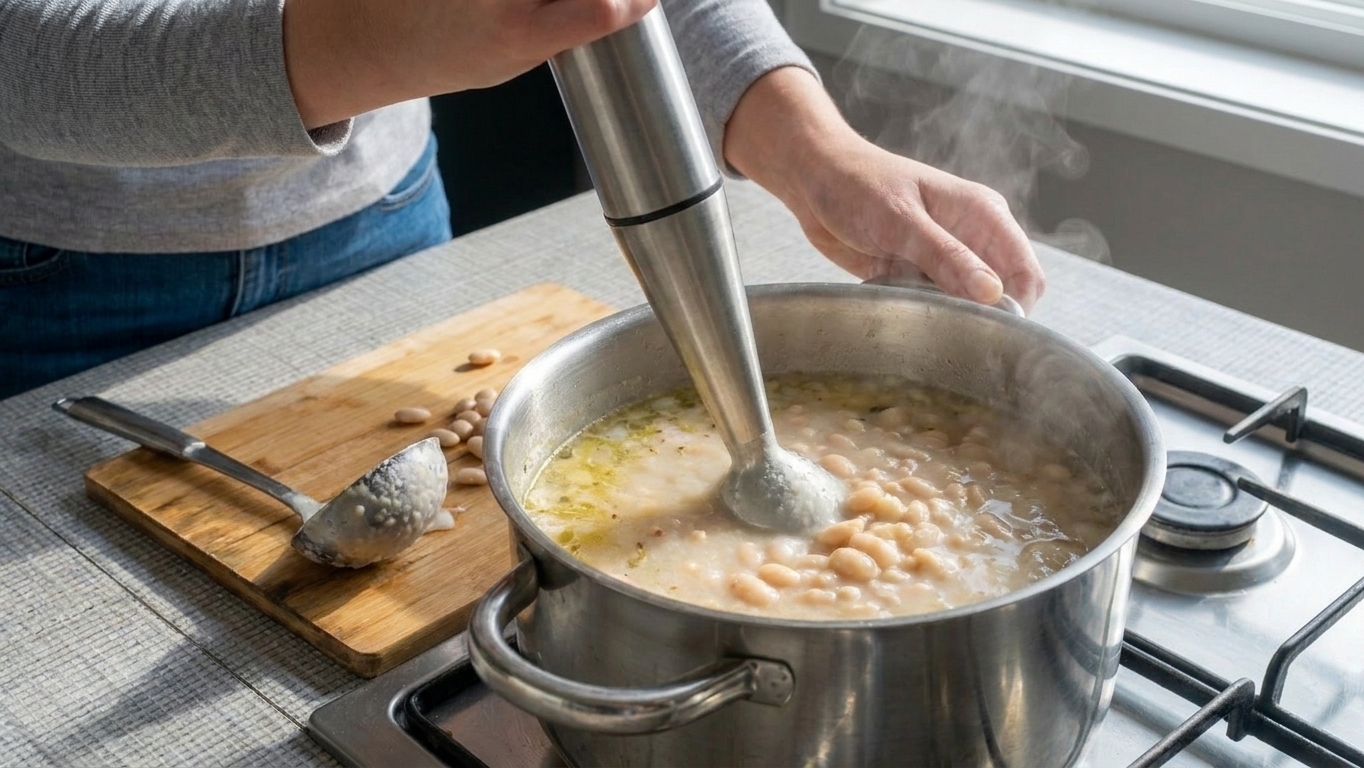 A ladle of white beans and broth being blended with an immersion blender inside a pot to thicken white chicken chili