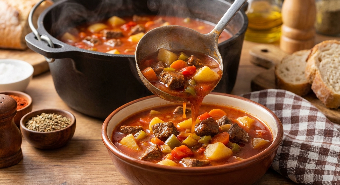 A ladle pouring Hungarian goulash from a Dutch oven into a bowl with visible beef and vegetables in a red broth
