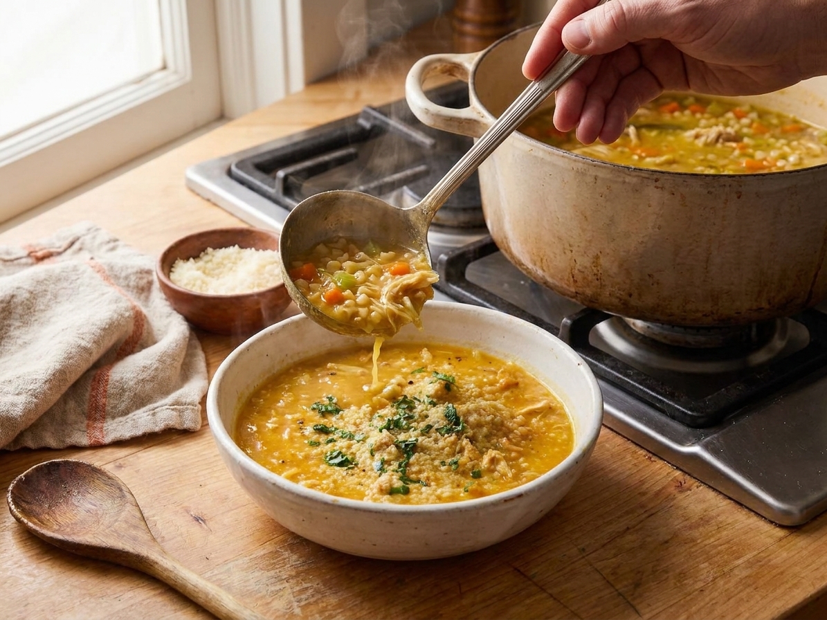 A ladle pouring Italian penicillin soup into a white bowl, topped with parsley and parmesan