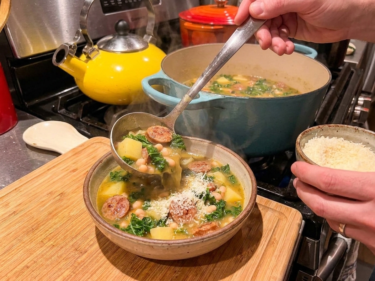 A ladle pouring Italian sausage soup into a bowl while someone sprinkles grated Parmesan over the top at a kitchen counter