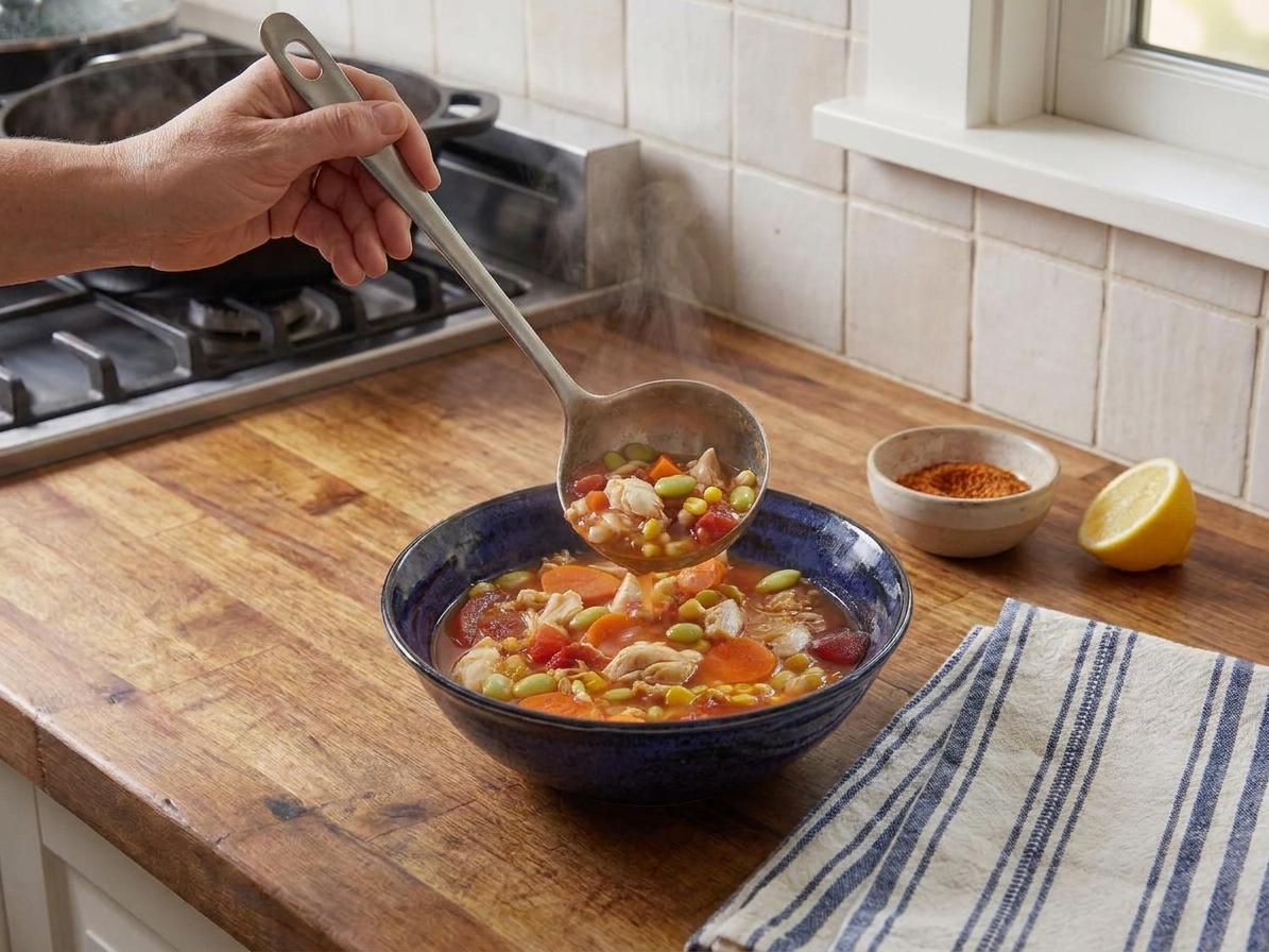 A ladle pouring Maryland crab soup into a bowl with visible crab and vegetables on a dinner table