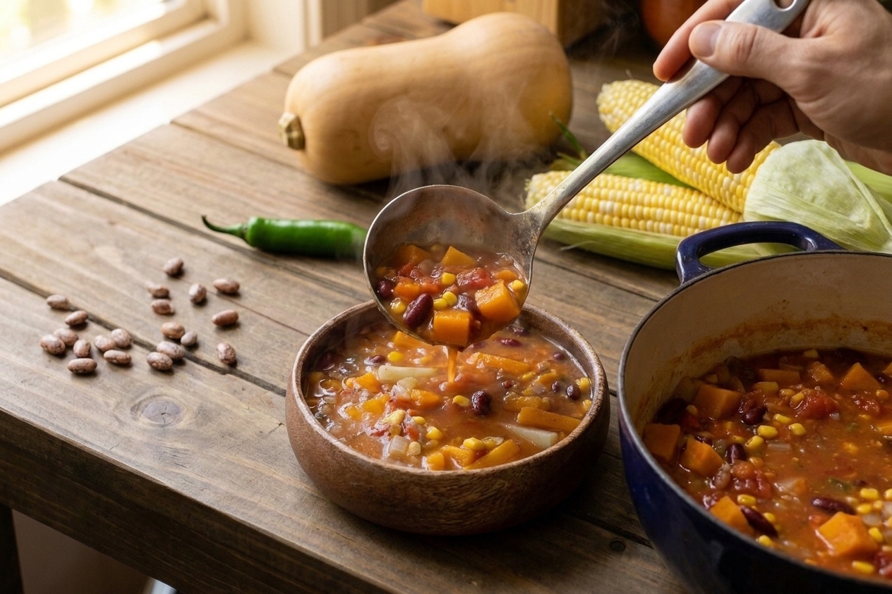 A ladle pouring Three Sisters stew into a ceramic bowl, showing tender squash cubes, beans, and corn in a tomato broth