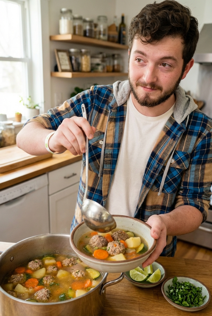 A ladle pouring albondigas soup with meatballs and vegetables into a bowl with lime wedges and cilantro nearby