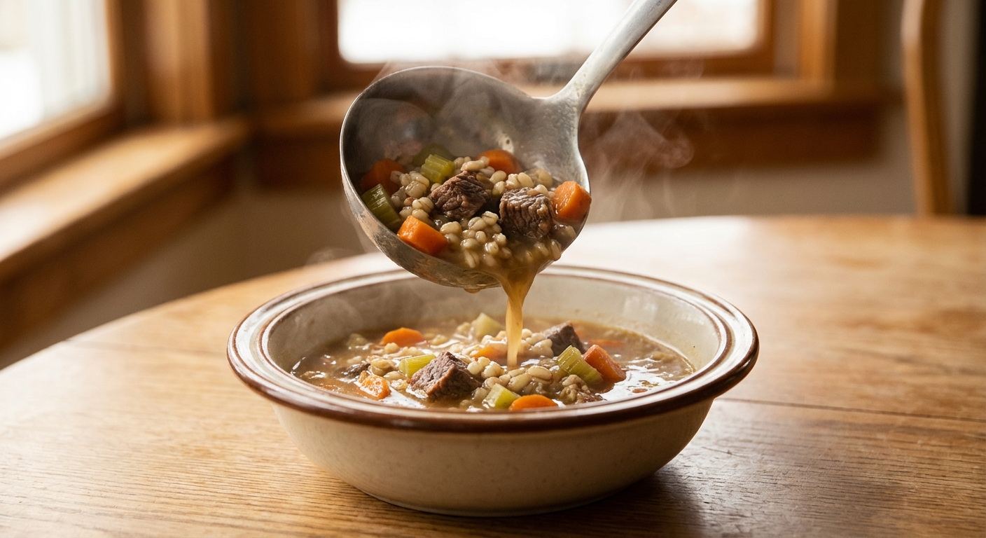 A ladle pouring beef and barley soup into a bowl with steam rising