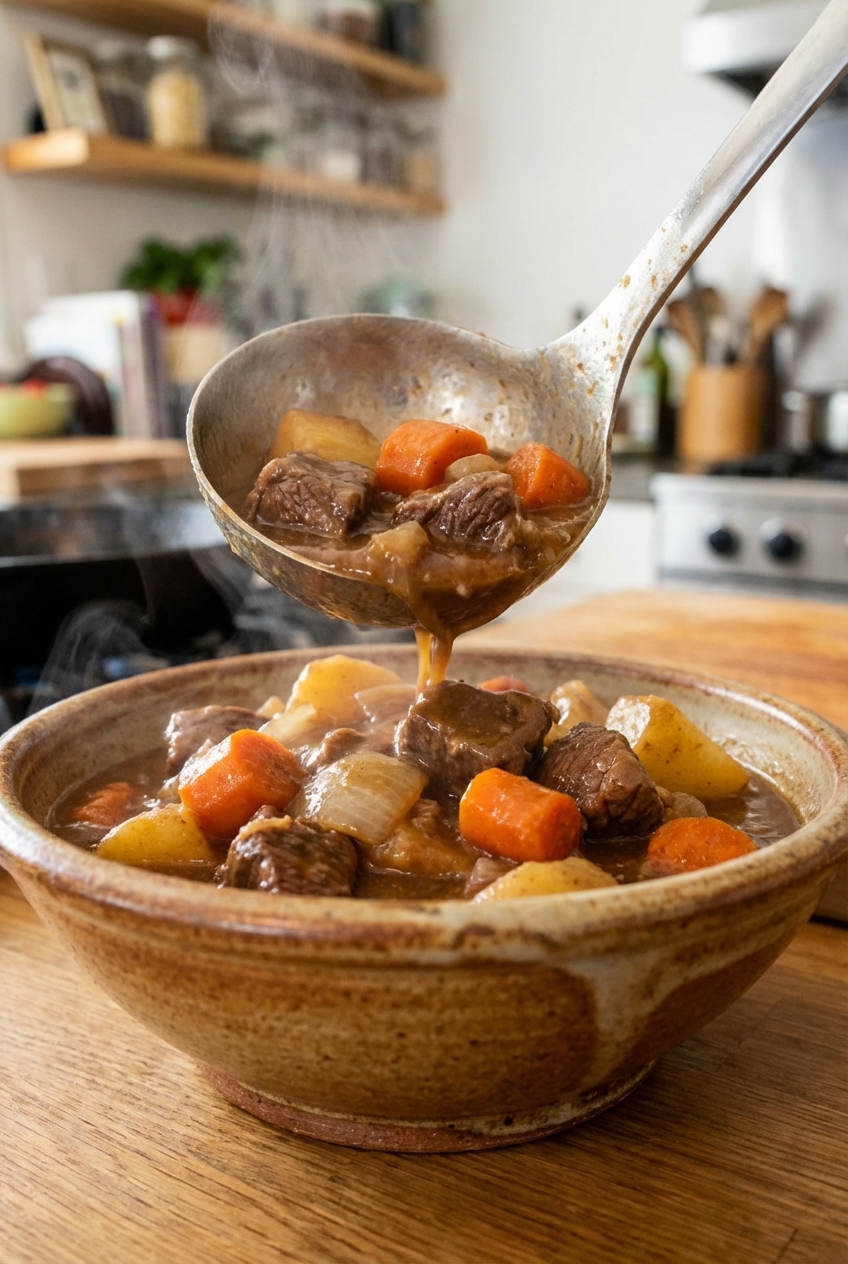 A ladle pouring beef stew into a ceramic bowl with visible chunks of beef, carrots, and potatoes
