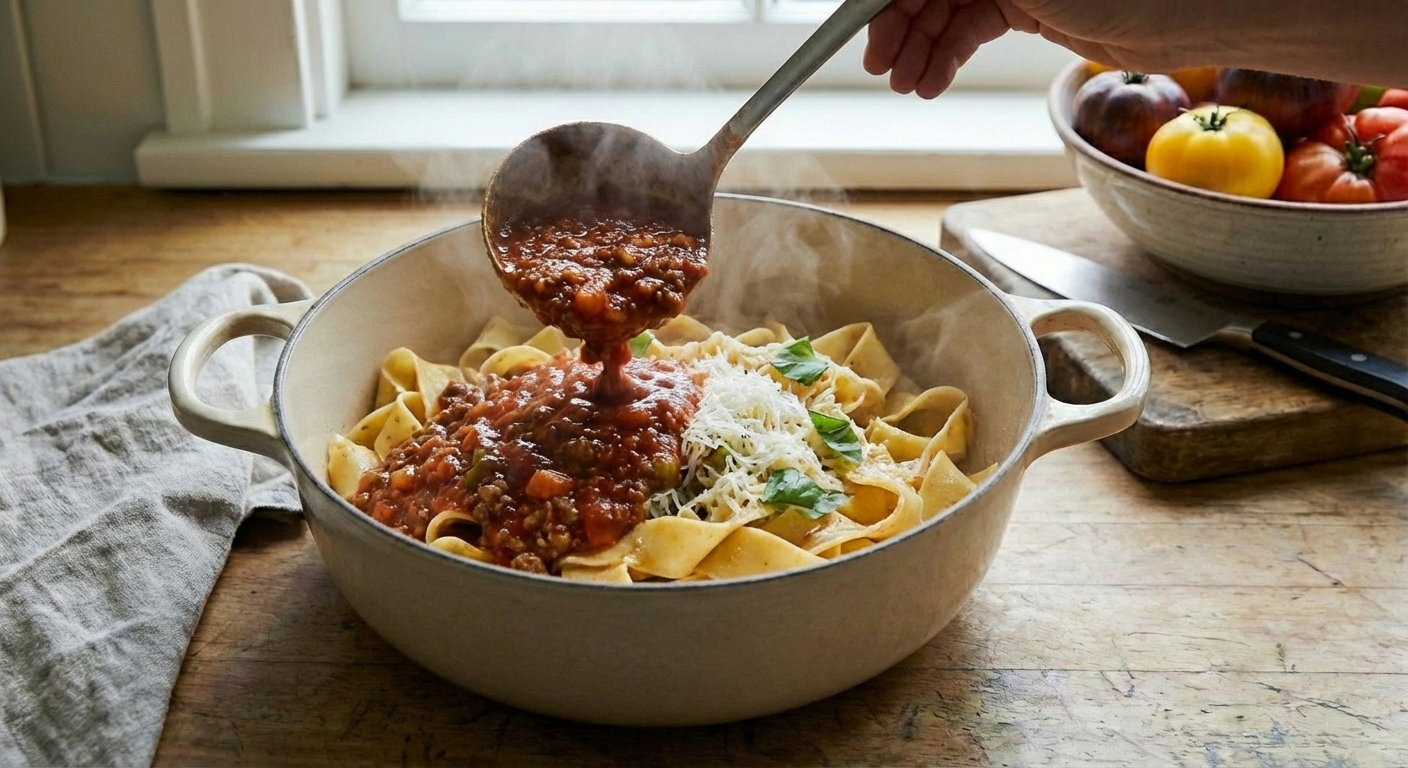 A ladle pouring bolognese sauce over a pot of cooked pasta with steam rising