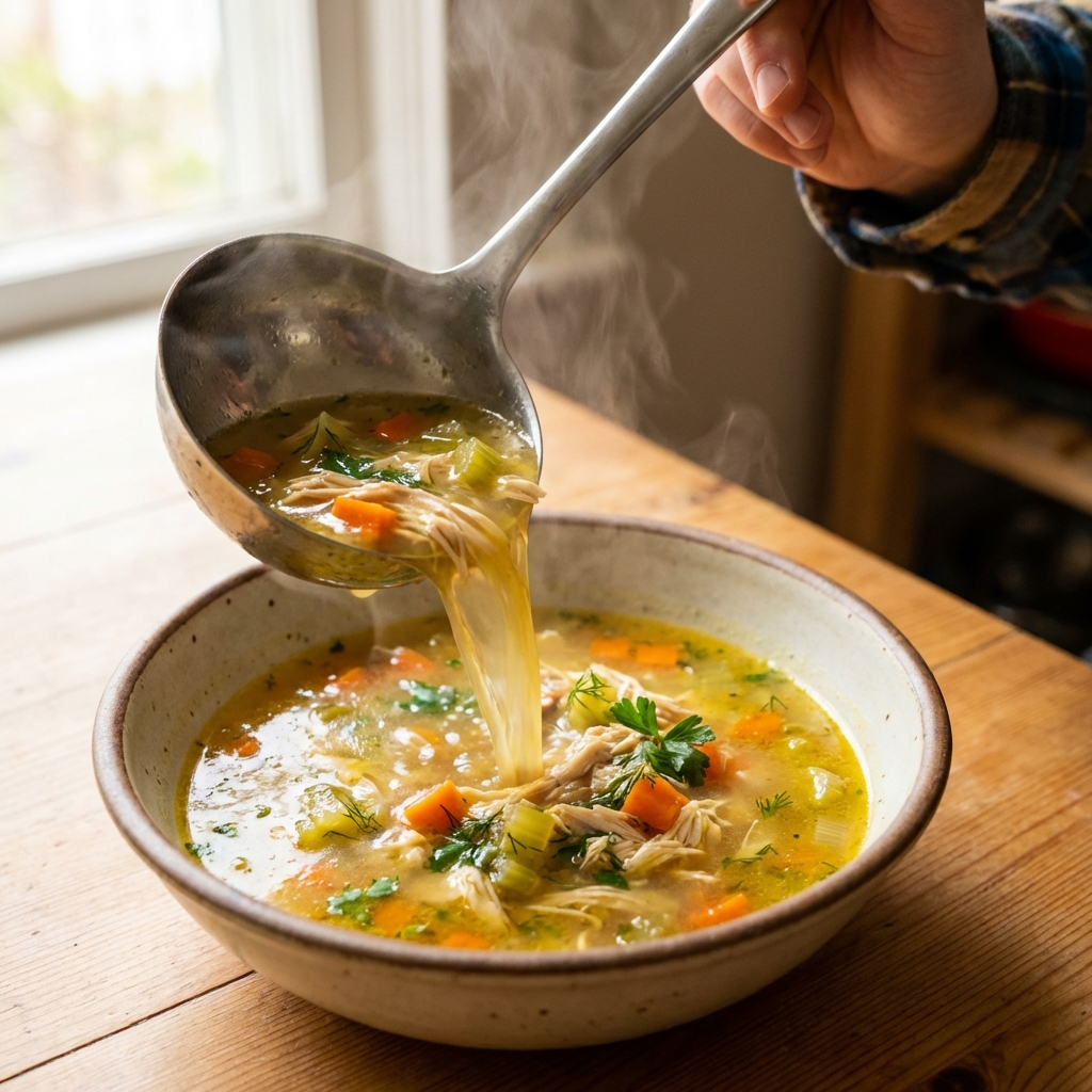 A ladle pouring bright chicken soup into a bowl, showing shredded chicken, vegetables, and flecks of fresh herbs in golden broth