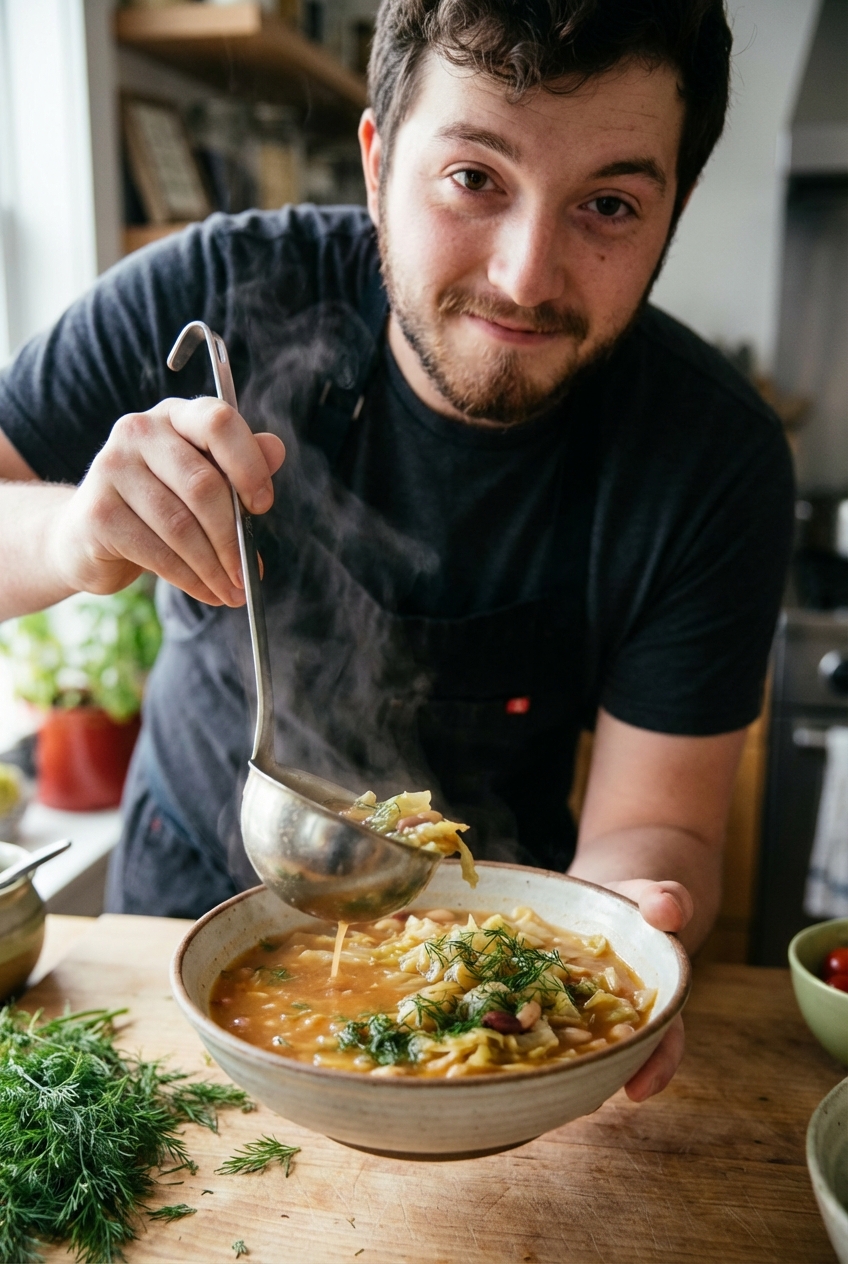 A ladle pouring cabbage and bean soup into a bowl with fresh dill scattered on top