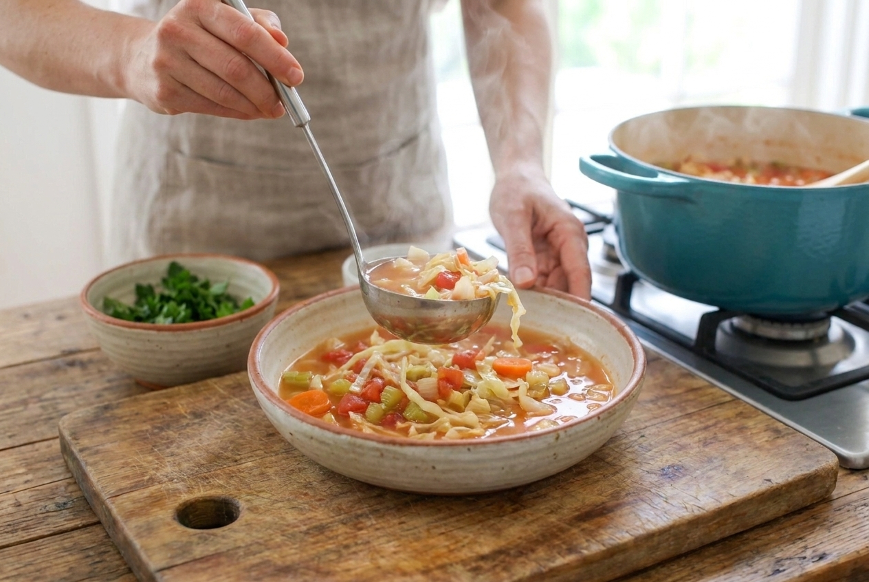 A ladle pouring cabbage diet soup into a wide bowl, with cabbage strands and vegetables in a light tomato broth