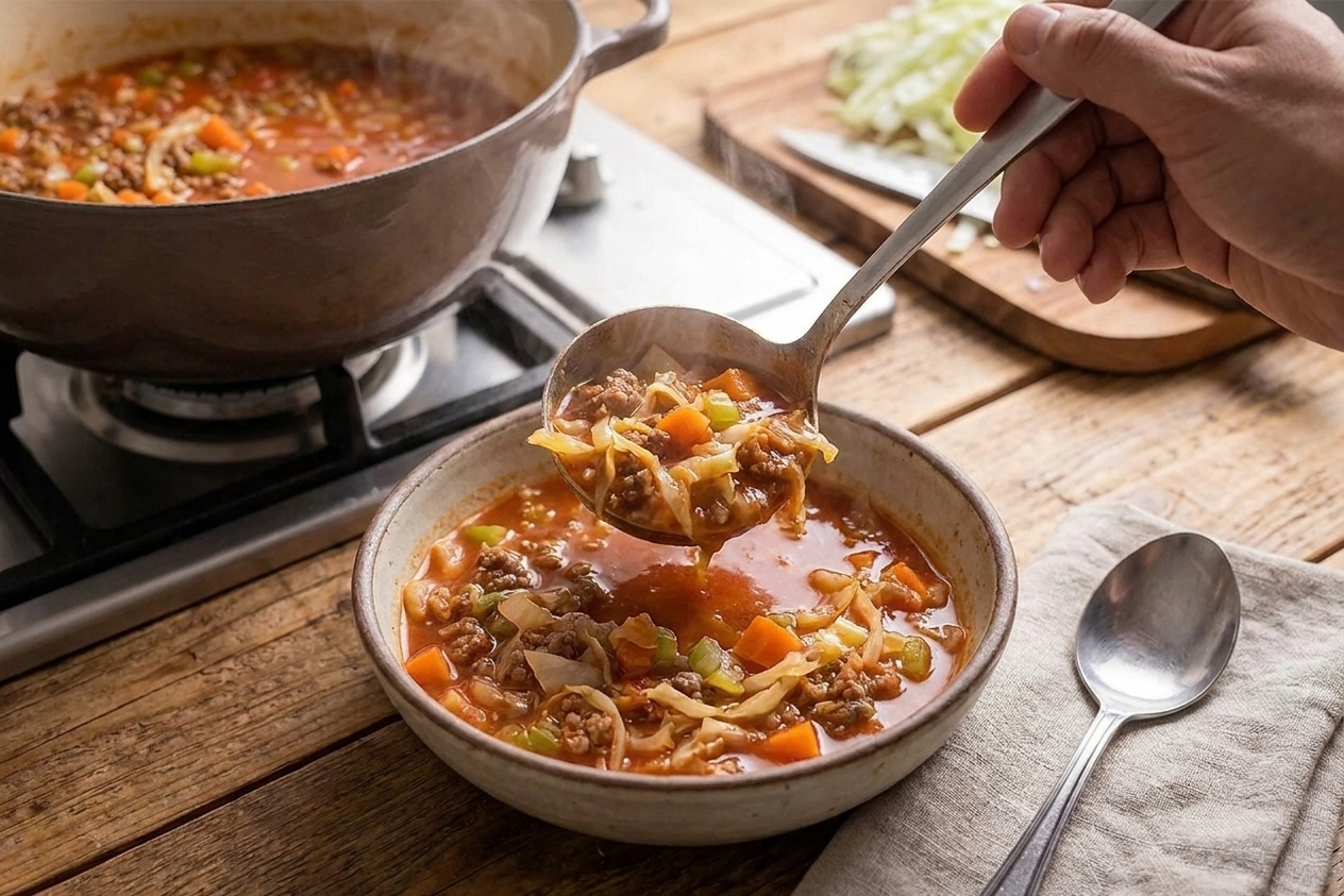 A ladle pouring cabbage roll soup into a ceramic bowl on a wooden table with a spoon nearby