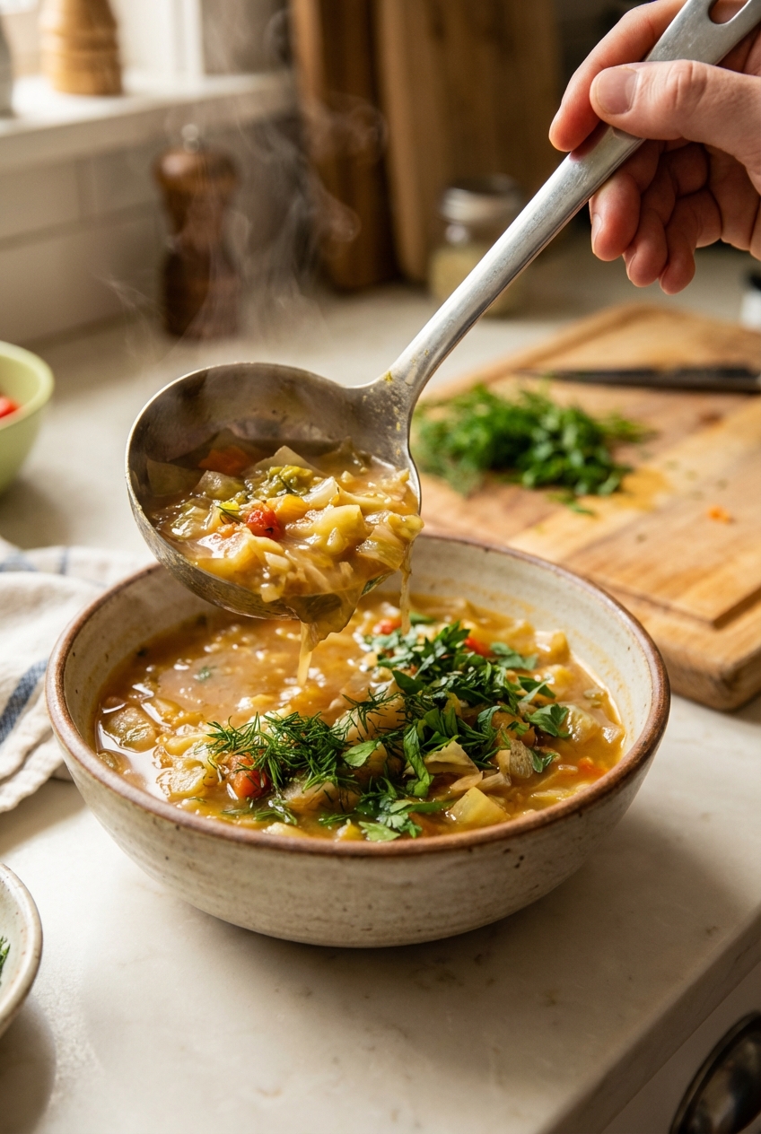 A ladle pouring cabbage soup into a bowl with fresh herbs on top