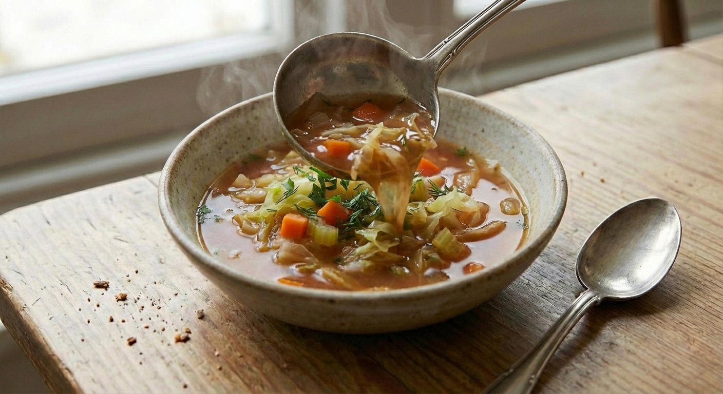 A ladle pouring cabbage soup into a white bowl with visible cabbage ribbons and carrots in a savory broth