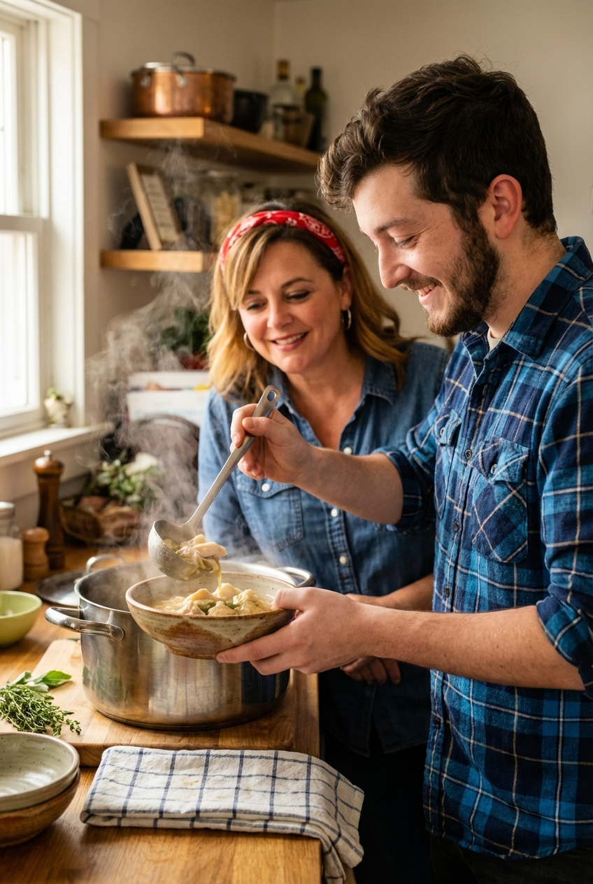 A ladle pouring chicken and dumplings into a bowl with steam rising in a cozy kitchen