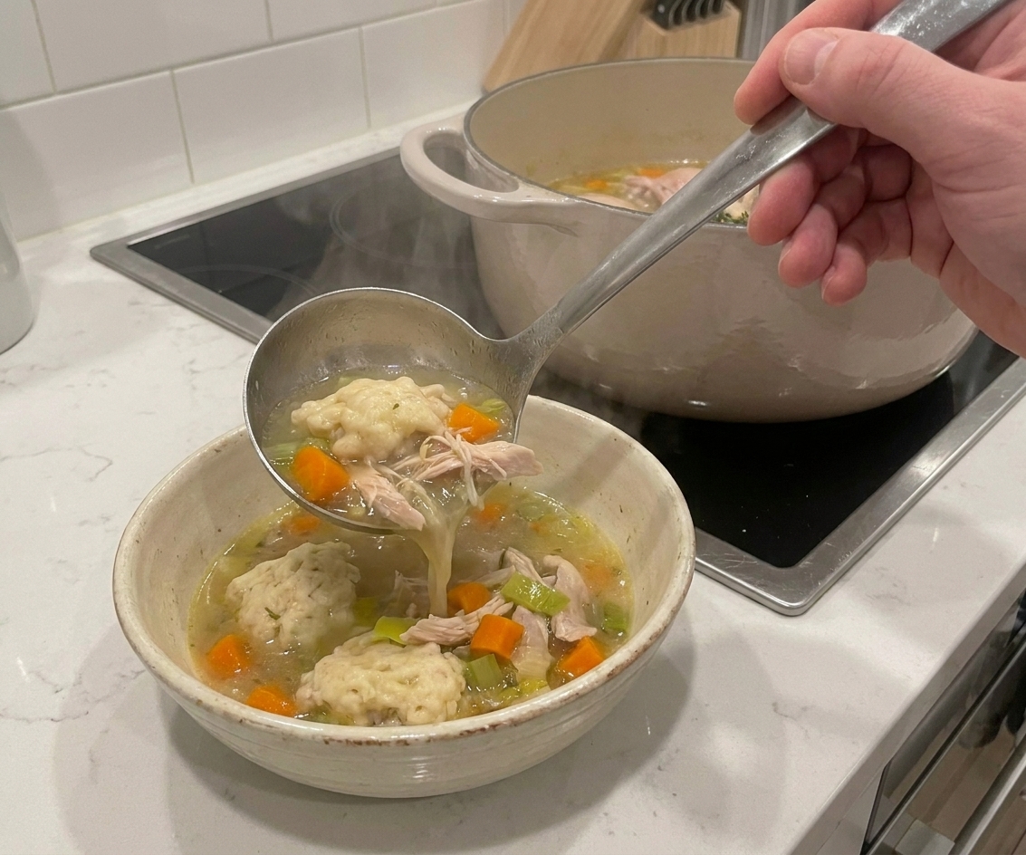 A ladle pouring chicken dumpling soup into a ceramic bowl with dumplings and vegetables visible
