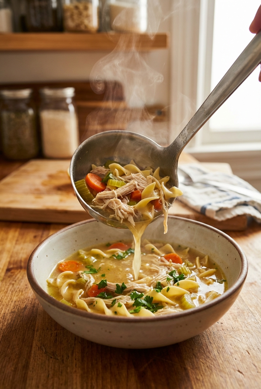 A ladle pouring chicken noodle soup into a bowl with noodles and parsley
